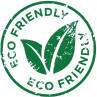 a round circle with the words eco friendly with two green leaves in the middle, symbolizing earth friendly