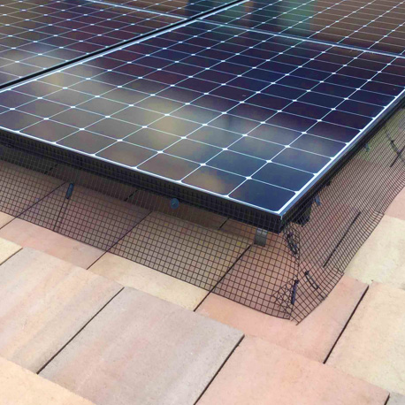 solar panels on a rooftop with metal grids around the perimeter to prevent pests from entering