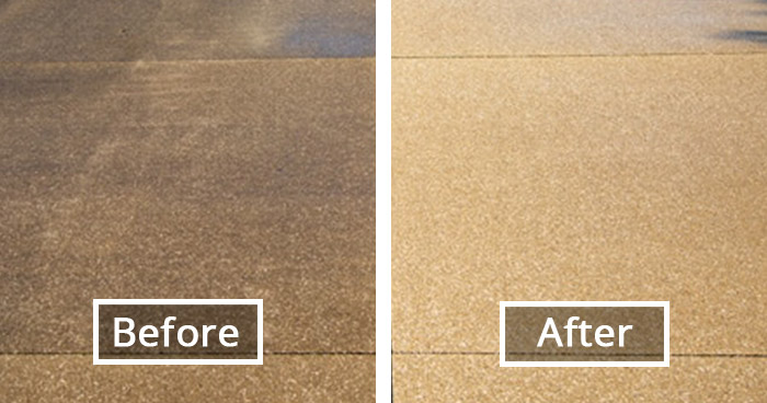 two side by side pictures showing a dirty driveway before it was cleaned then after it was cleaned, which shows a dramatic contrast