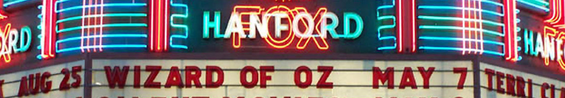 a picture of the Hanford Fox Theater marquee lit up in neon lights